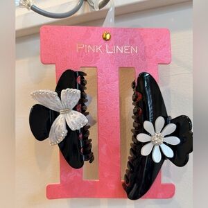 Pink Linen Black Hair Clips with Rhinestone Floral and Butterfly Accents. New